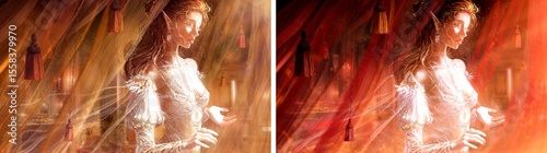 A beautiful elf girl is standing by the window. Her beautiful figure in frilly lingerie is flooded with sunlight. She is a young princess in a royal room with golden curtains. 2d art