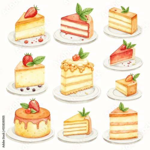 Watercolor Collection of Delicious Cake Slices and Mini Cakes with Berries.