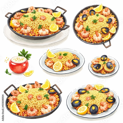 Paella Illustration with Shrimp Mussels Lemon and Couscous in Various Dishes.