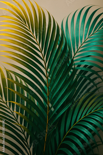Tropical palm leaves with yellow and teal lighting