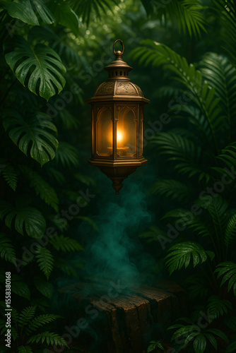 Mystical lantern glowing in jungle mist