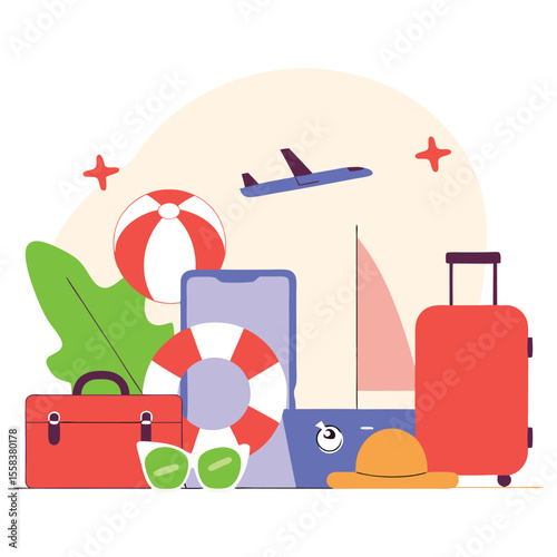 Summer vacation travel essentials and beach accessories