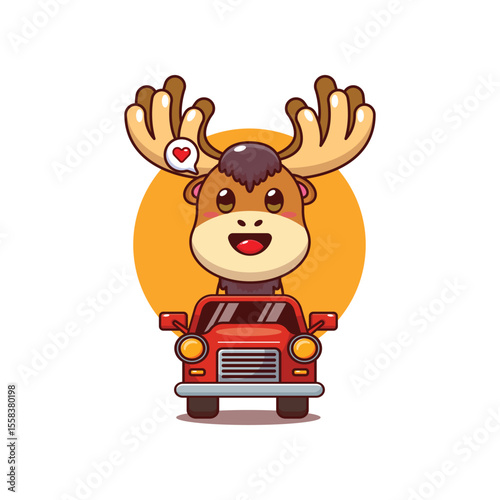 Cute moose mascot cartoon character illustration ride on car