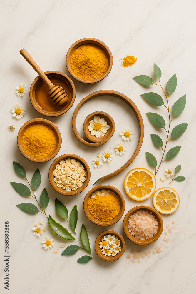 custom made wallpaper toronto digitalWellness flatlay with turmeric, chamomile and citrus in spiral design, 