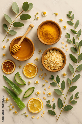 Herbal spa ingredients flatlay with citrus and aloe