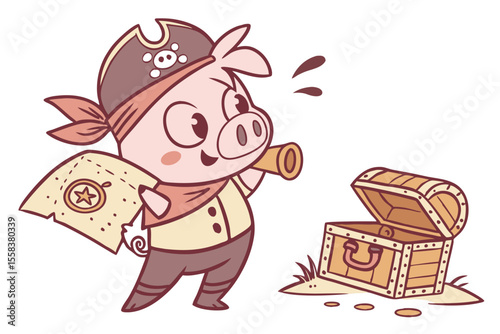Vector cute Pig cartoon character, pirate outfit, holding a treasure map, adventurous expression, treasure chest hint, rustic textures, isolated on white background