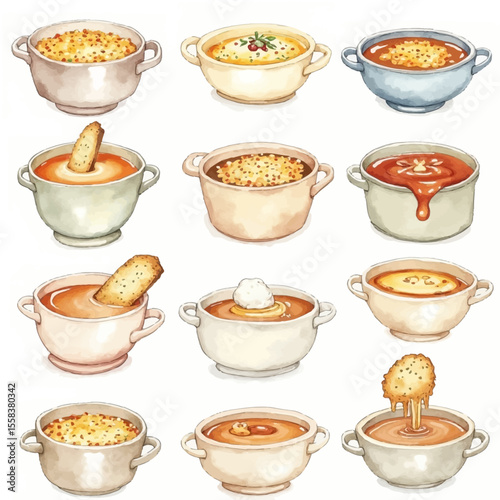 Twelve Watercolor Illustrations of Diverse Soup Bowls.