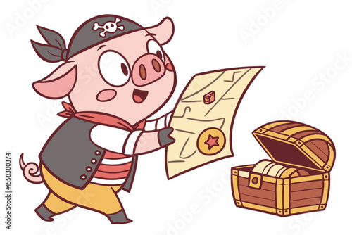Vector cute Pig cartoon character, pirate outfit, holding a treasure map, adventurous expression, treasure chest hint, rustic textures, isolated on white background
