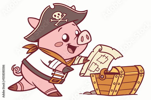 Vector cute Pig cartoon character, pirate outfit, holding a treasure map, adventurous expression, treasure chest hint, rustic textures, isolated on white background