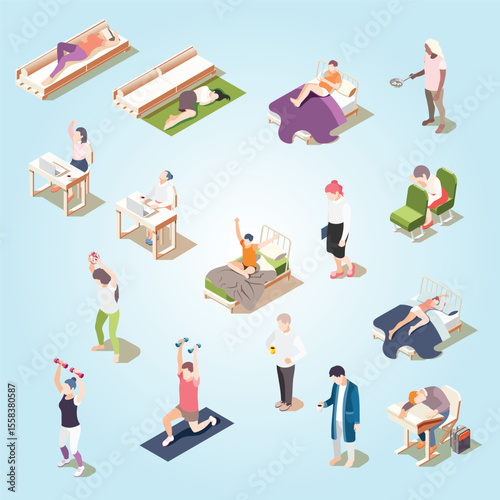 Human circadian rhythms isometric icon set with fatigue lack of sleep drowsiness illustration organic wellness anatomy insomnia science care bedroom biological clock phase daytime wakefulness