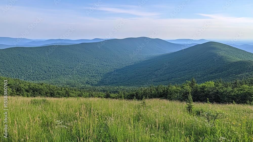 Fototapeta premium Panoramic view of rolling green mountains and a foreground meadow under a clear sky