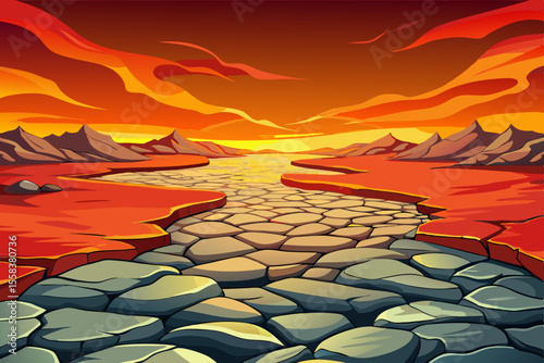 dry riverbed with smooth stones and cracked earth desert landscape, Highly detailed vector illustration