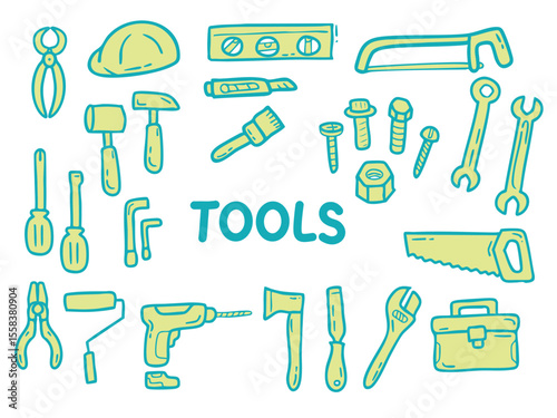 Set of icons with Tools theme. With doodle style. For layout, website, graphic design