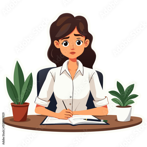 Pensive Woman Writing in a Journal at a Desk.