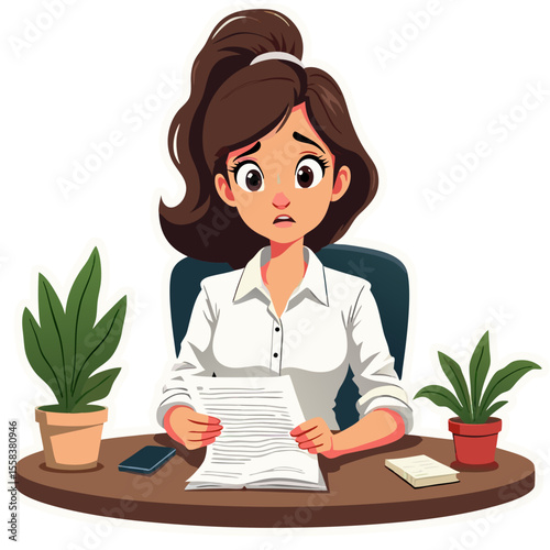 Worried Businesswoman Reviewing Documents at Desk.