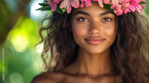 A Polynesian woman with a flower crown, radiant island beauty 