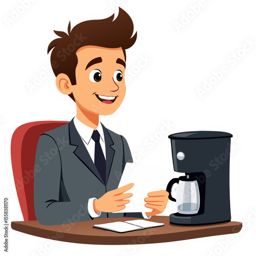 Smiling Businessman Enjoying Coffee Break Beside Coffee Maker at Desk.