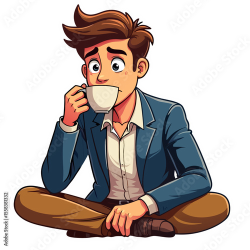 Cartoon man with green eyes cross-legged sipping from a white cup.