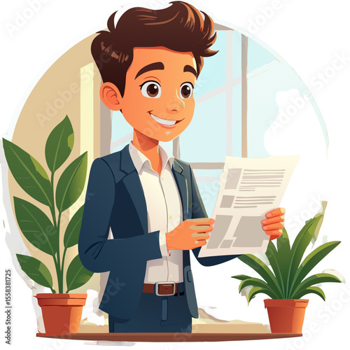 Smiling young professional reading document at desk with potted plants.