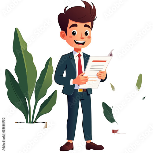 Smiling Businessman Reading Important Documents in a Professional Setting.