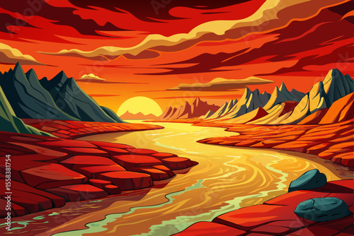 dry riverbed with smooth stones and cracked earth desert landscape, Highly detailed vector illustration