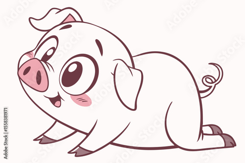 Vector cute Pig cartoon character, playful pose, big eyes, small snout, pink skin, rosy cheeks, simple lines, smooth shading, clean design, isolated on white background