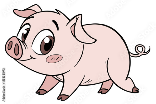 Vector cute Pig cartoon character, playful pose, big eyes, small snout, pink skin, rosy cheeks, simple lines, smooth shading, clean design, isolated on white background