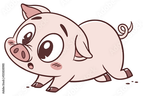 Vector cute Pig cartoon character, playful pose, big eyes, small snout, pink skin, rosy cheeks, simple lines, smooth shading, clean design, isolated on white background