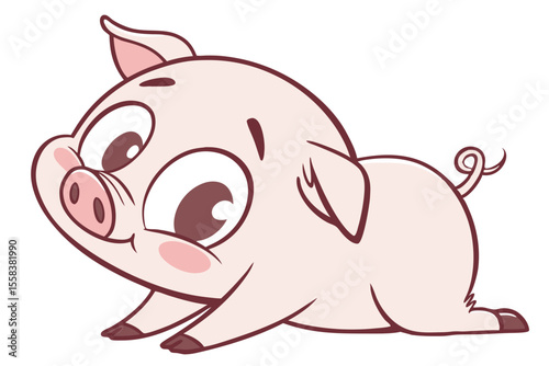 Vector cute Pig cartoon character, playful pose, big eyes, small snout, pink skin, rosy cheeks, simple lines, smooth shading, clean design, isolated on white background