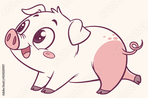 Vector cute Pig cartoon character, playful pose, big eyes, small snout, pink skin, rosy cheeks, simple lines, smooth shading, clean design, isolated on white background