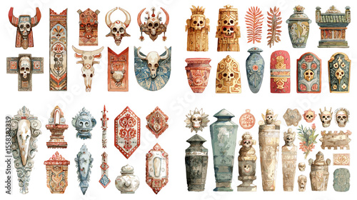 Mystical tribal skulls, urns, and relics illustrated in watercolor style. Ideal for fantasy themes, dark mythology, tattoo designs, and ancient decorative concepts.

