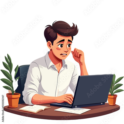 Worried Young Man with Receding Hairline Using Laptop.