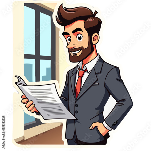 Cartoon Businessman Reading Documents in a Professional Setting.
