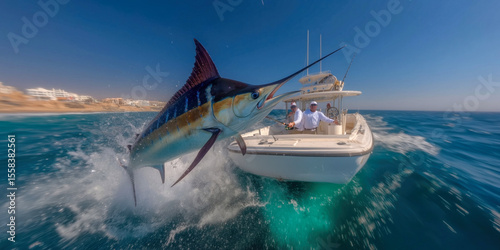 Fisherman battling a marlin in the vast ocean, struggling to reel in the powerful fish amidst the rolling waves and open sea