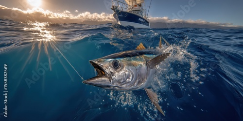  Fisherman is catching a giant tuna, battling its strength as he reels it in from the deep blue sea