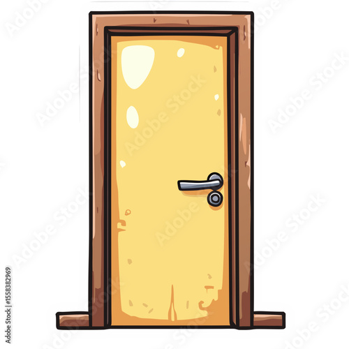 A Simple Cartoonish Yellow Door with Wooden Frame.