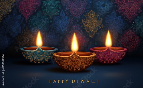 Happy Diwali Hindu festival banner. Burning diya illustration, background for light festival of India. High quality