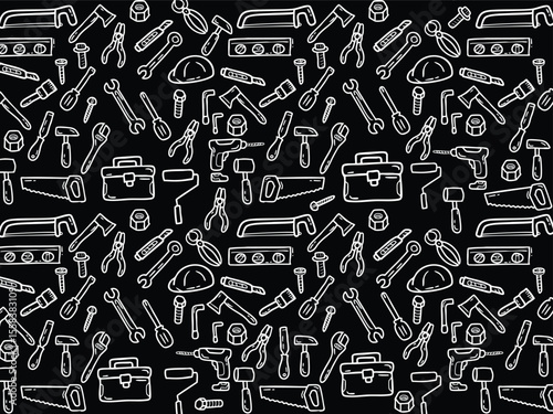 Background or pattern with Tools theme. With doodle style. For layout, website, graphic design.