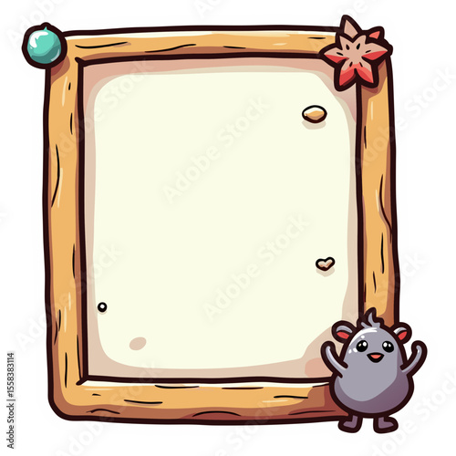Cartoon wooden frame with starfish blue sphere and a happy gray mouse.