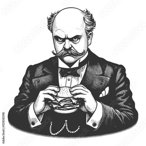 man in a tuxedo holding a burger with intense expression, old-fashioned style sketch engraving generative ai fictional character vector illustration. Scratch board imitation. Black and white image.