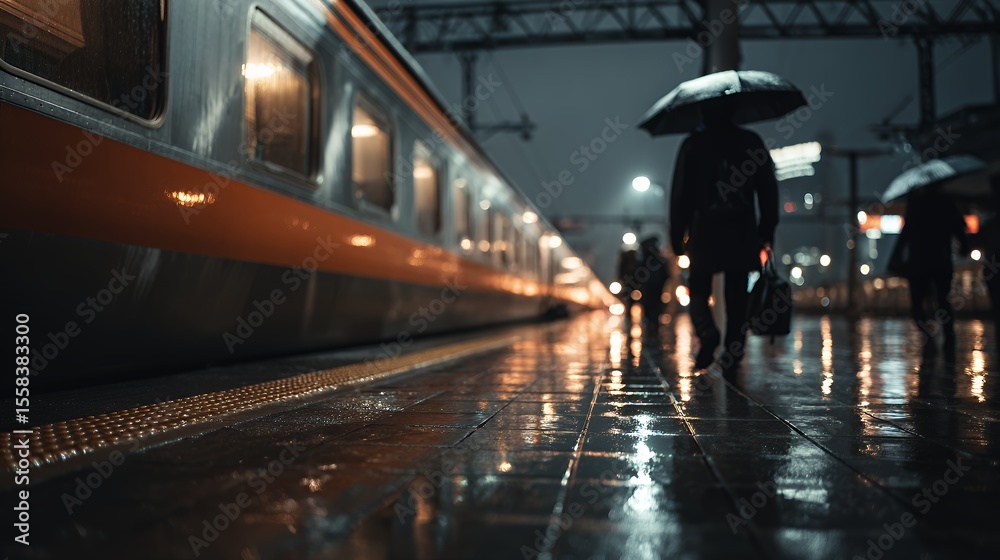 Fototapeta premium Nighttime Rainy Train Station with Reflections and Umbrellas