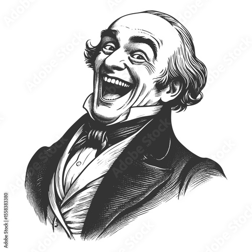 Funny bald man in formal clothing, laughing loudly with a wide open mouth and expressive joy sketch engraving generative ai fictional character vector illustration. Scratch board. Black and white.
