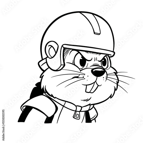 A determined-looking beaver in a helmet and backpack stares forward, ready for action.