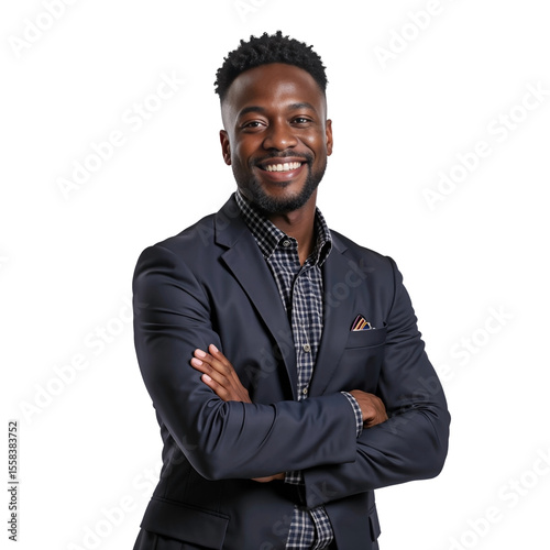 Portrait of a young smiling African American man looking at the camera with his arms crossed. Happy man standing successful businessman. isolated on transparent background