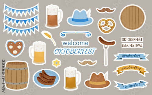 Oktoberfest sticker set with white outline on grey background. Flags, ribbon with text and flower. Beer in mug, keg and keg lid. Gingerbread, pretzel and grilled sausages. Hat with feather.
