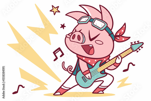 Vector cute Pig cartoon character, playing a guitar, rockstar pose, cool expression, dynamic lines, vibrant stage lights, isolated on white background