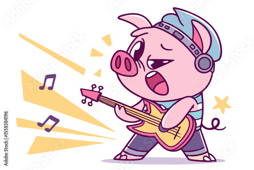 Vector cute Pig cartoon character, playing a guitar, rockstar pose, cool expression, dynamic lines, vibrant stage lights, isolated on white background