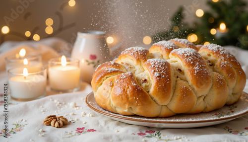 Braided bun with nut filling on table with candles and festive decor  