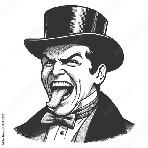 man in a top hat and bow tie making a silly face with tongue out sketch engraving generative ai fictional character vector illustration. Scratch board imitation. Black and white image.