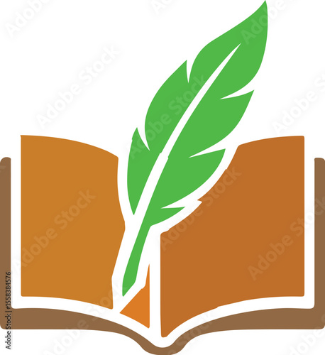 Open Book with Feather Quill Icon for Writing and Education, Flat vector icon of an open book with a green feather quill, symbolizing literature, creative writing, education, reading, and knowledge. I